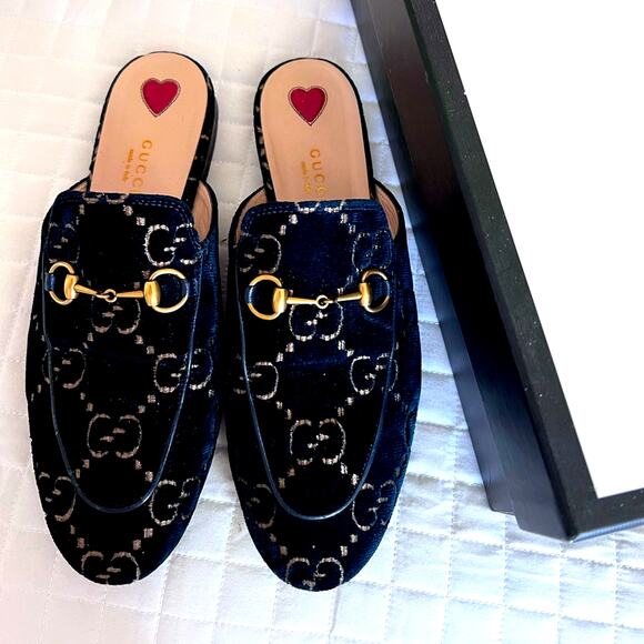 GUCCI Princetown GG velvet shoes 8.5M US sizing 38+ blue Excellent pre-owned - Picture 1 of 14